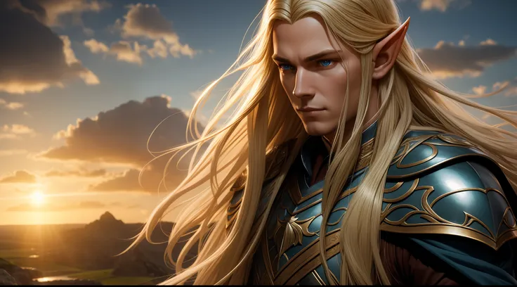 elf glorfindel realistic, beautiful elf, long hair with sunshine, blonde hair, lord of the rings, the silmarillion (backlighting...