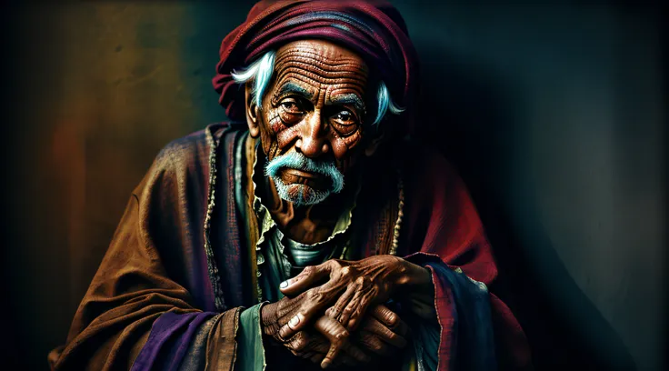 an old beggar, colorful,
yang08k, photography, beautiful,  black background,
masterpieces, top quality, best quality, official a...