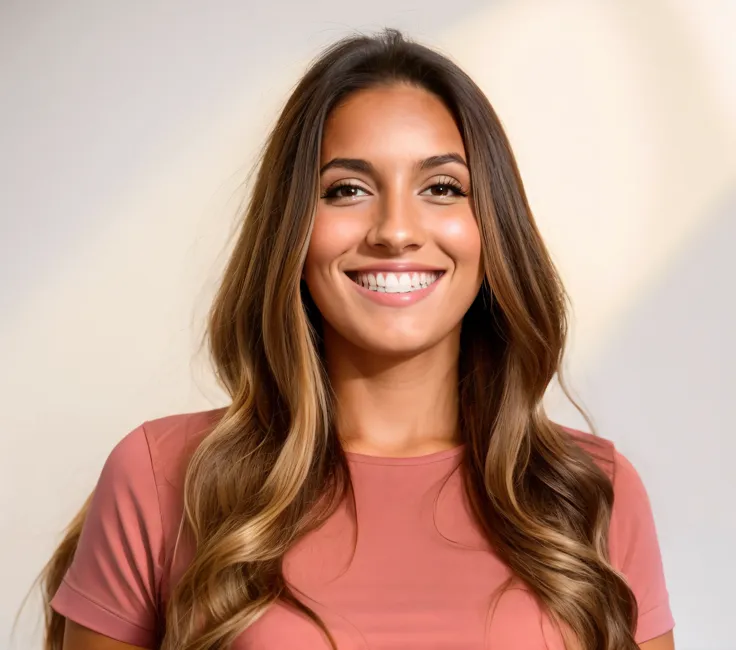 smiling woman with long brown hair and pink shirt, sara ali, violet myers, julia salda, julia fuentes, photo of young woman, pro...