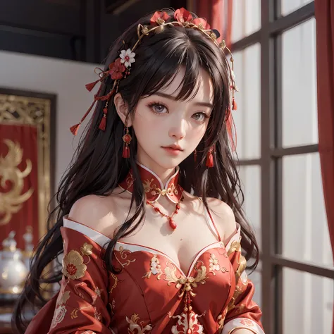 (A Chinese bride), (wearing a gorgeous Chinese red wedding dress), (Chinese style elements: 1.4), (shy, tender, beautiful face, fair skin, bright eyes, elegant eyebrows, happiness and expectation, rosy lip color, soft face), (red clothing: 1.4), (wearing d...