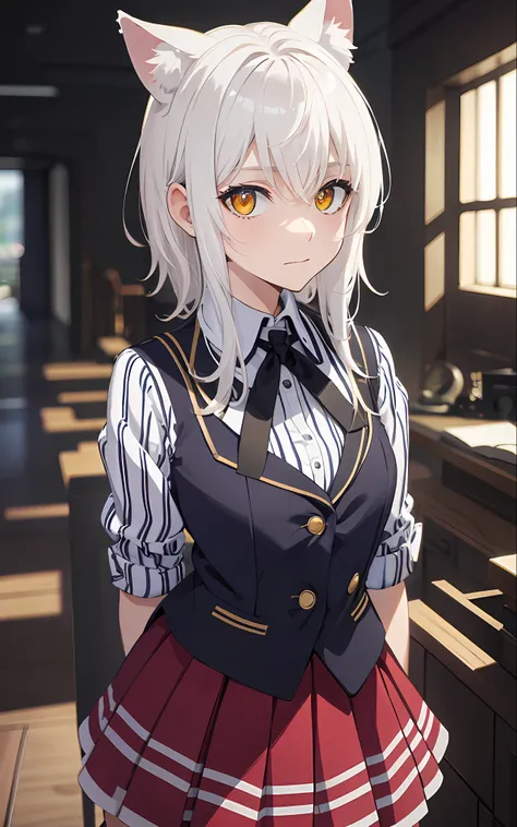 Best Quality, (Masterpiece:1.2), Highly Detailed, Standing, School, Indoor, Cat Ears, 1girl, solo, tojo koneko, looking at the viewer, closed mouth, slight smile, top, yellow eyes, white hair, short hair, hair decoration, school uniform, cleavage, striped ...