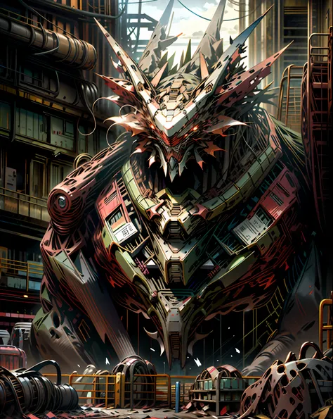 wickmecha monster vs.mecha monster in front of amecha driver in a destroyed background city