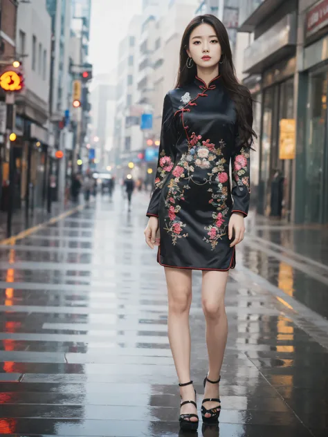 ((Best Quality, 8k, Masterpiece: 1.3)), Focus: 1.2, Perfect Body Beauty: 1.4, (Rain, Street: 1.3), Wearing Black Cheongsam, Embroidered, Split End, 1.1, Standing Position, Highly Detailed Face and Skin Texture, Fine Eyes, Double Eyelids, Whitened Skin, Lon...