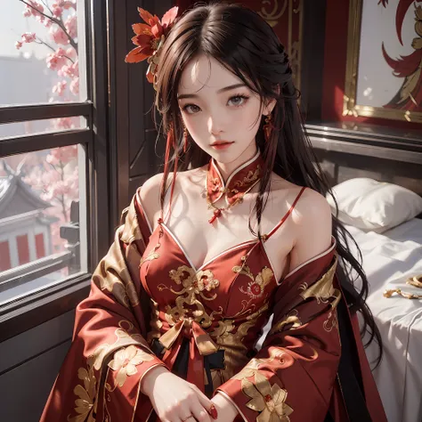 (a chinese bride), (wearing a gorgeous chinese red wedding dress), (chinese style elements: 1.4), (shy, tender, beautiful face, ...