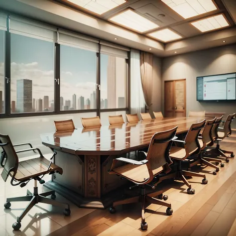 a board, conference meeting room, with exquisite table for 12 people, microphones on the desks, exquisite sound system, projection screens and video monitors --auto --s2