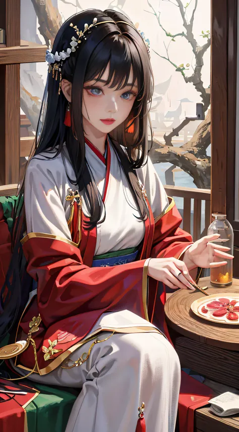 1girl, (hanfu), sidelighting, wallpaper, masterpiece, superlative, night, outdoor, rainy day, branches, chinoiserie, ancient china, 1 woman, mature woman, silver-white long-haired woman, gray-blue eyes, pale pink lips, indifference, seriousness, bangs, ass...