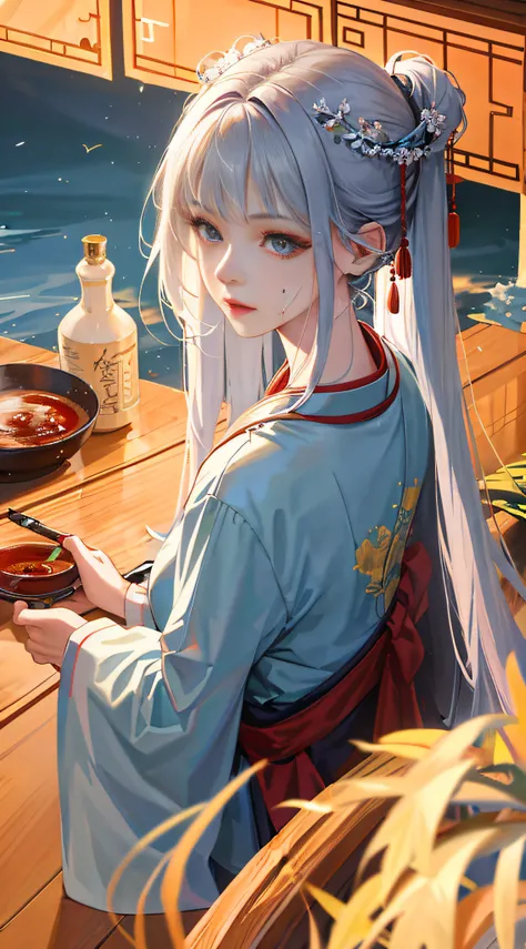 1girl, (hanfu), sidelighting, wallpaper, masterpiece, superlative, night, outdoor, rainy day, branches, chinoiserie, ancient china, 1 woman, mature woman, silver-white long-haired woman, gray-blue eyes, pale pink lips, indifference, seriousness, bangs, ass...
