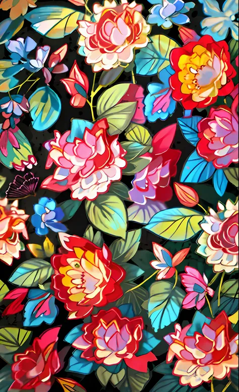 close up of colorful floral print fabric on black background, fabric embroidery, neon floral pattern, the flowers are colorful, ...