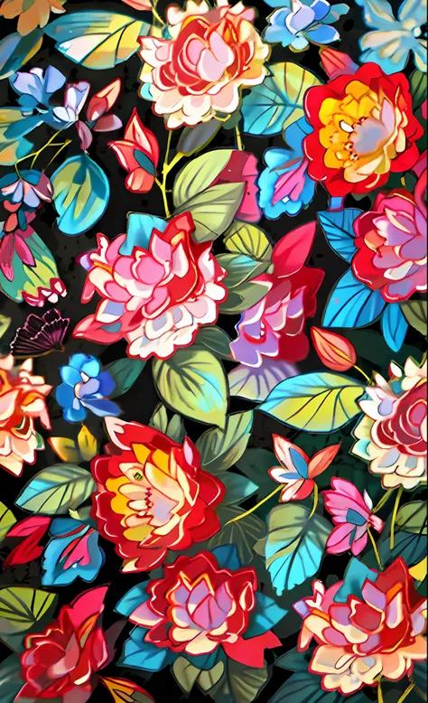 Close up of colorful floral print fabric on black background, Fabric embroidery, Neon floral pattern, The flowers are colorful, Cotton fabric, gorgeous flowers, Textile printing, floral pattern, Brightly colored flowers, Floral embroidery, Gorgeous flowers...