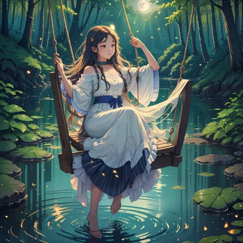 the girl with long flowing hair sits on a swing with a sparkling lake behind her back, moonlight spills on the lake, surrounded ...