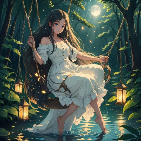 the girl with long flowing hair sits on a swing with a sparkling lake behind her back, moonlight spills on the lake, surrounded ...