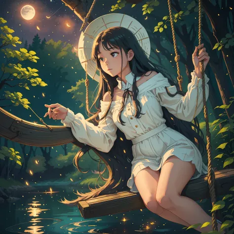 the girl with long flowing hair sits on a swing with a sparkling lake behind her back, moonlight spills on the lake, surrounded ...