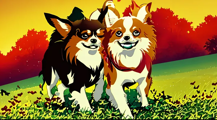 two small chihuhauas running on the grass with their heads turned, long-haired chihuahua, chihuahua, two dogs, both smiling at t...