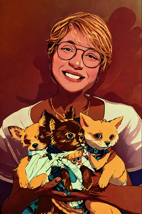 there is a blonde woman wearing glasses and holding three chihuhauas in her arms, with chihuhauas, by nándor katona, malika favr...