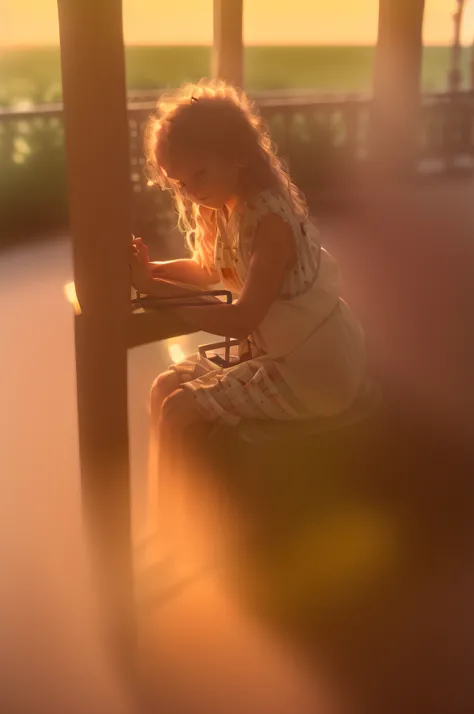 irish albino girl in rocking chair during pastel sunset in tanktop and messy hair at southern porch with fireflies dust and porch lights summerevening humid dramatic lighting with light and shadows patterns on skin style of sally mann in color nostalgia