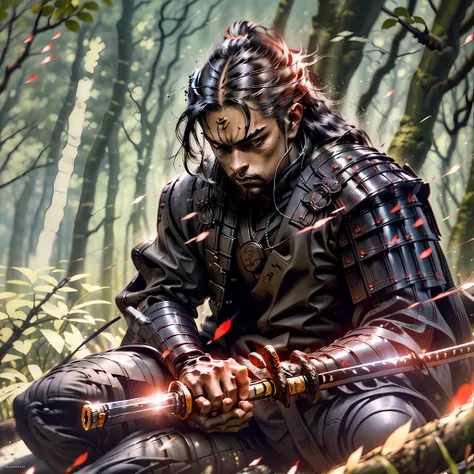 Samurai, Cinematic, masterpiece, seated samurai pose, soft contrast, cinematic lighting, cinematic shadow, Katana_weapon, Samurai costume, anime scener, Gorgeous scenery, man, solo, katana on the ground, long hair, man face, normal ears, wind with leaves.