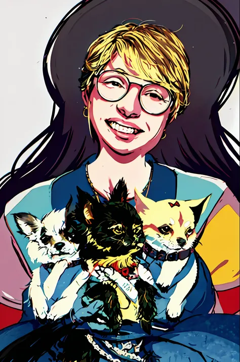 there is a blonde woman wearing glasses and holding three chihuhauas in her arms, without a hat, no hat, chihuhauas, by Nándor Katona, malika favre, by Miroslava Sviridova, by Judith Gutierrez, by Amelia Peláez, by Nishida Shunei, by Verónica Ruiz de Velas...