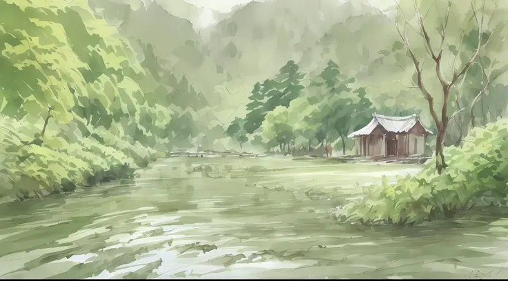 Ink painting, Chinese village house paths, trees, shade,