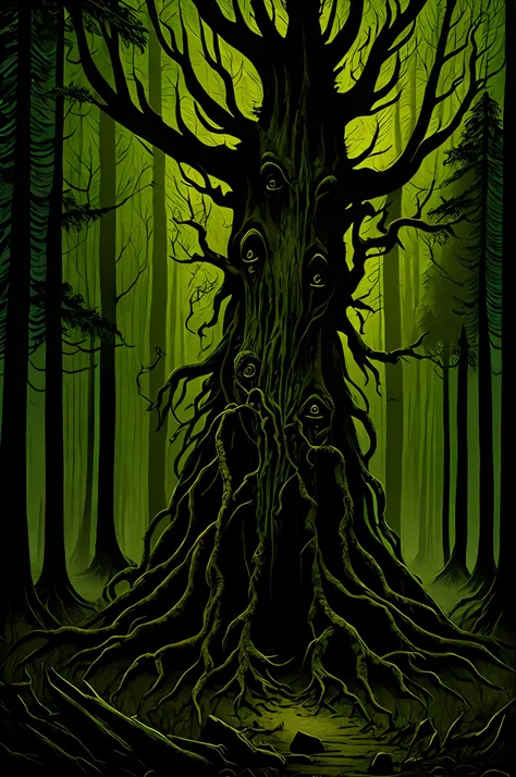 ((leshy)), (dark forest), tall trees, monochrome, ((horror)), ((masterpiece))