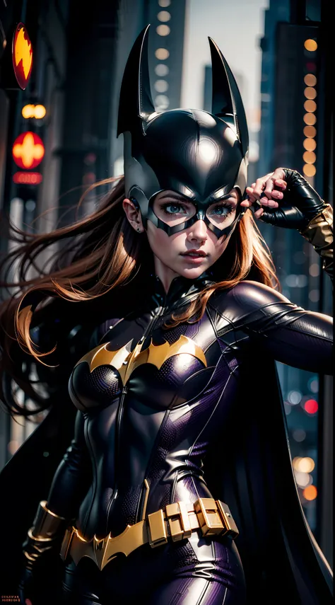 barbara gordon, purple color clothing, beauty, batgirl clothes, batgirl cosplay, wind effect, full body photo, prominent figure,...