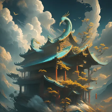 exquisite chinese art sculpture, cranes, clouds, flowers, full of golden layers, jade, gold, cyan, traditional chinese art, arts...