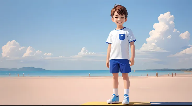 solid color clean background, cute boy, white short sleeves, blue shorts, (panorama: 1.2), standing, smiling