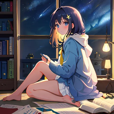 masterpiece, 1girl, solo, room full of scattered books, sitting at window, barefoot, reading book, night at window, distant city...