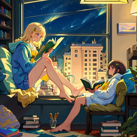 masterpiece, 1girl, solo, room full of scattered books, sitting at window, barefoot, reading book, night at window, distant city...