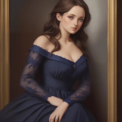 1girl, beautiful teenage girl, small breasts, revealing ornate navy blue dress, short wavy brown hair, portrait, oil painting, modern, realistic proportions, intricate, intricate details, sharp focus