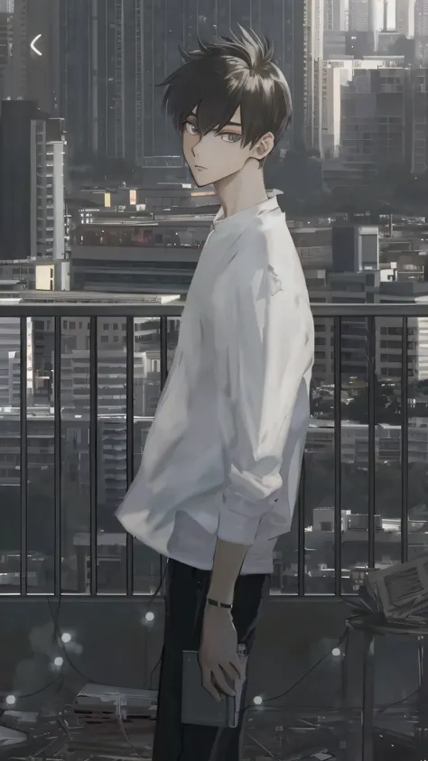 anime boy standing on a balcony overlooking a city skyline, realistic anime 3 d style, artwork in the style of guweiz, tall anime guy with blue eyes, guweiz, anime aesthetic, subtle anime style, guweiz masterpiece, anime realism style, photorealistic anime...
