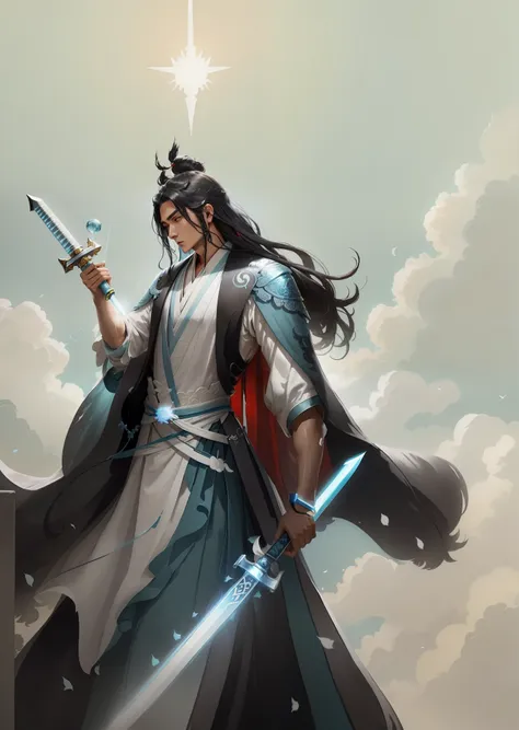 image of a young beautiful man wearing a light blue robe, holding a sword, flowing hair and a robe, with firm eyes, yang j, blac...