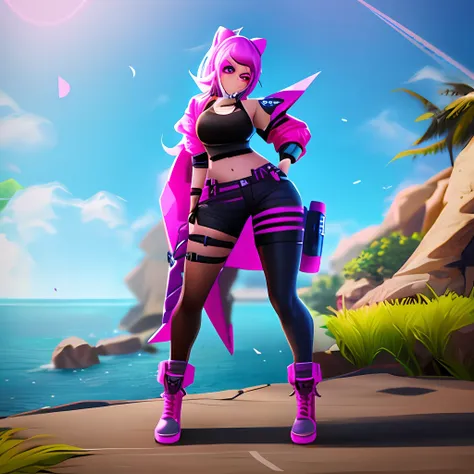 create a new female skin of fortnite that does not exist, full body with the same style as in the video game