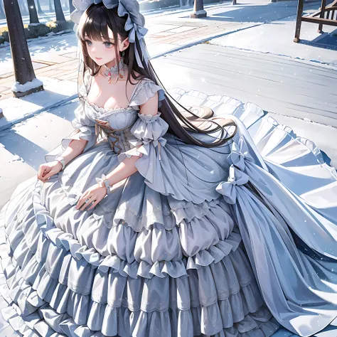 (Masterpiece, Top Quality, Top Quality, Official Art, Beautiful and Aesthetic:1.2), 1 girl, long black straight hair, solo,lolita_dress,lace,(shes in the park),looking from above,snowy winter
