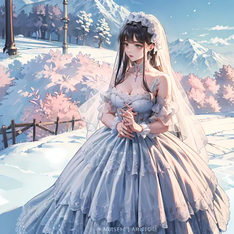 (Masterpiece, Top Quality, Top Quality, Official Art, Beautiful and Aesthetic:1.2), 1 girl, long black straight hair, solo,lolita_dress,lace,(shes in the park),looking from above,snowy winter,ribbon decoration