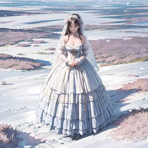 (Masterpiece, Top Quality, Top Quality, Official Art, Beautiful and Aesthetic:1.2), 1 girl, long black straight hair, solo,lolita_dress,lace,(shes in the park),looking from above,snowy winter,ribbon decoration