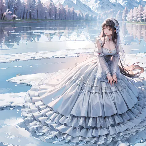 (Masterpiece, Top Quality, Top Quality, Official Art, Beautiful and Aesthetic:1.2), 1 girl, long black straight hair, solo,lolita_dress,lace,(shes in the park),looking from above,snowy winter,ribbon decoration