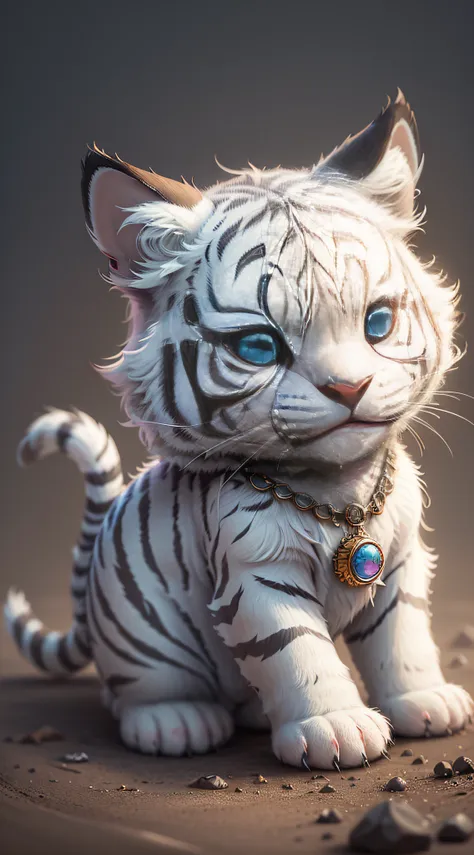 cute hyper-realistic little white tiger with different eyes of different colors, wearing a necklace, chibi, cute and fluffy, car...