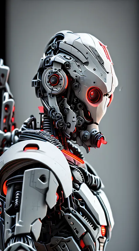 dvMech, 85mm, f1.8, Robot Portrait, Dark Matte Smooth Ceramic, Intricate Design, Very Detailed, Fine Details, Extremely Sharp Lines, Cinematic Lighting, Realistic Photos, A Detailed Masterpiece, Dark_Fantasy, Cyberpunk ,(chain saw,chain saw man,Red:1.1),1m...