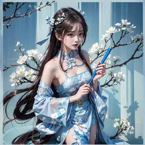 close-up of a person holding a microphone in front of a blue background, white hanfu, wearing a blue cheongsam, full body fairy,...