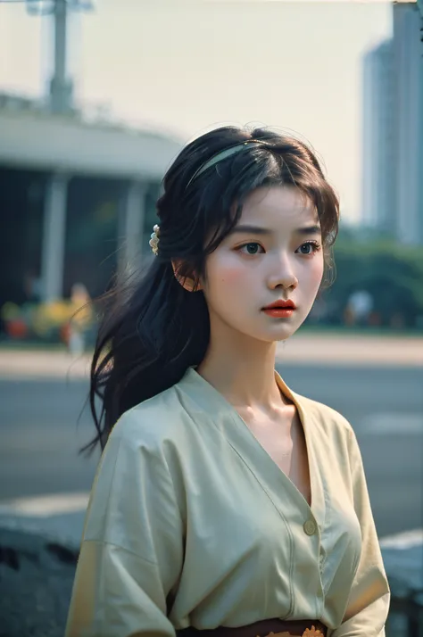 (best quality), (masterpiece), photography, realistic, (1girl), beautiful girl, perfect body, autumn, hair floating in the wind, hard lighting, film grain, heavy grain, film photography, low contrast, portrait, close up shot, wang kar wai style, 70s hair s...