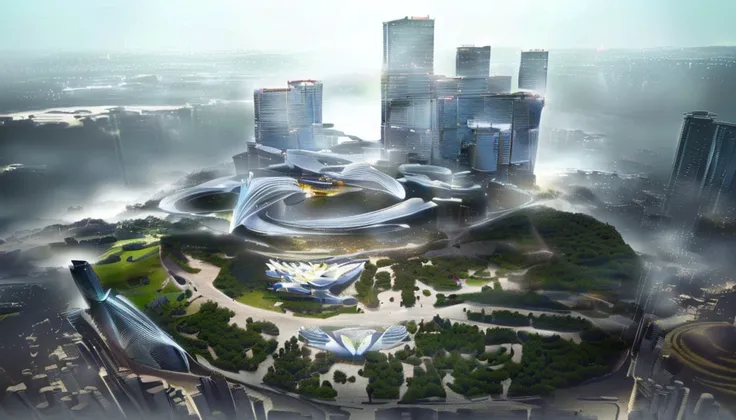 Alafid image of a large white city pavilion in the park with people, by Chasbio, photos of 2022, artistic rendering, architectural rendering", concept art 2022, digital rendering, architectural rendering, concept art. 8 K, photo rendering, architectural re...