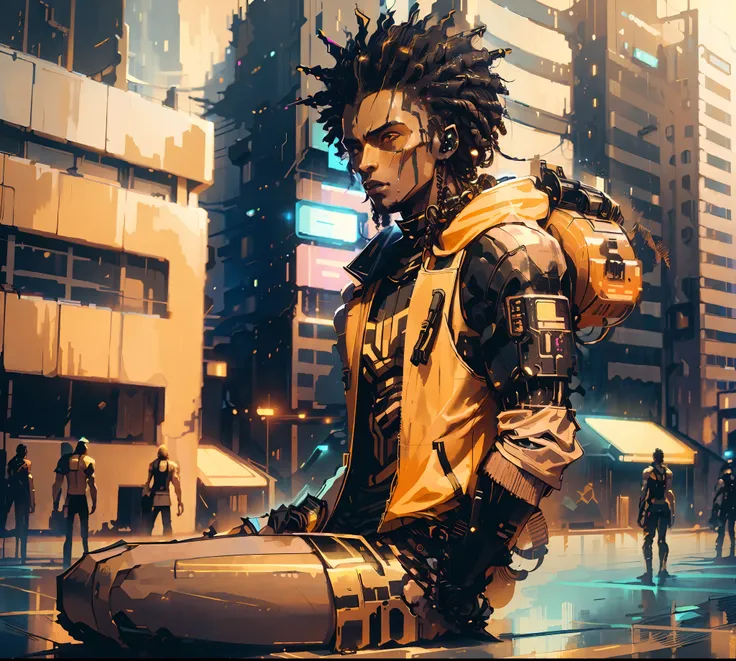 cyberpunk, man, afro-brazilian, skinny, 8k, realistic, futuristic city, basketball court, high quality, hair(twist,) black hair,...