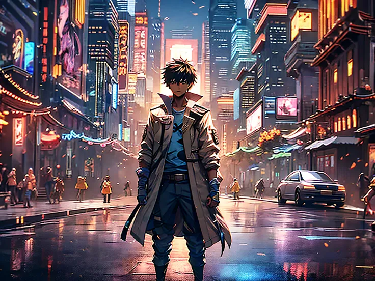 the apocalyptic city, crowd, a boy, 20 years old, standing in the middle of the road