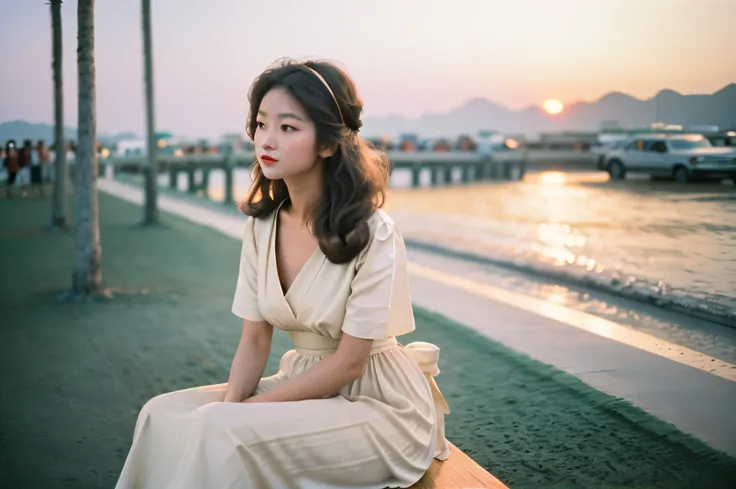 (best quality), (masterpiece), photography, realistic, (1girl), beautiful girl, perfect body, hair floating in the wind, sunset, hard lighting, front light, film grain, heavy grain, film photography, low contrast, sitting at the beach, wang kar wai style, ...