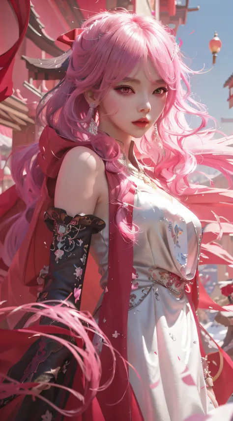 araffe with pink hair and a white dress and a red cape, artwork in the style of guweiz, guweiz, detailed digital anime art, 8k h...