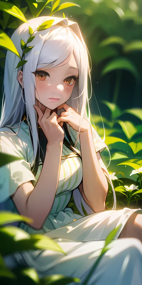 (masterpiece, best quality),1girl with long white hair sitting in a field of green plants and flowers, her hand under her chin, ...