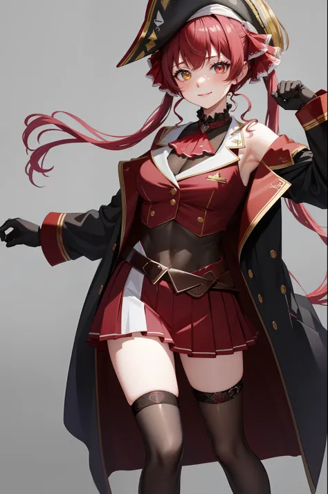 masterpiece, best quality, absurdres, perfect antomy, houshouBase, 1girl, solo, heterochromia, red eyes, yellow eyes, twintails, long hair, hair ribbon, large breasts, white gloves, frilled choker, red ascot, leotard, leotard under clothes, red jacket, cro...