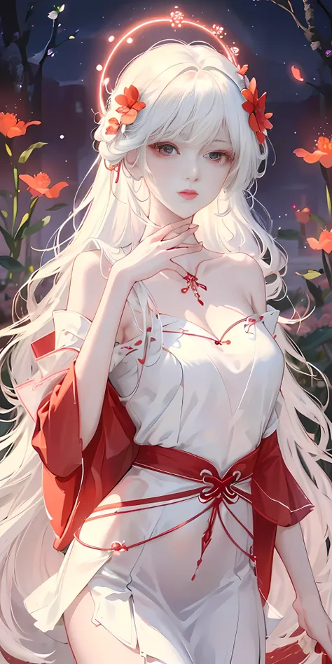 anime girl with long white hair and red dress in a garden, white haired deity, guweiz on pixiv artstation, beautiful alluring anime woman, detailed digital anime art, guweiz, guweiz on artstation pixiv, ((a beautiful fantasy empress)), artwork in the style...