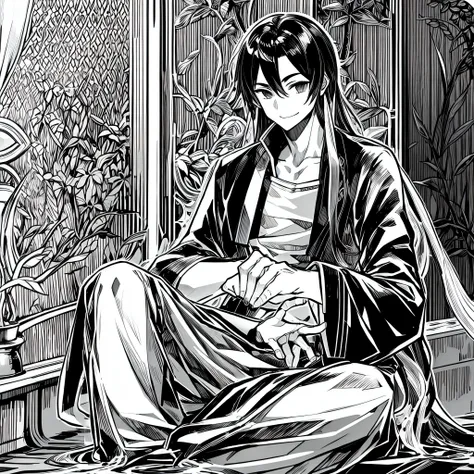 Oriental style, young and handsome male protagonist, with long hair with a smile, lazy temperament, wearing a black and white gossip robe --auto --s2