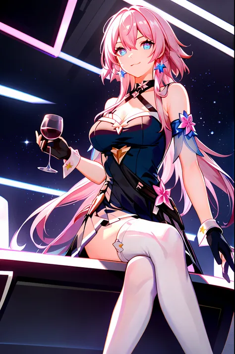 7thmarch,7th_march, honkai star rail, 1girl, alcohol, alternate costume, armlet, bare shoulders, black background, black dress, ...